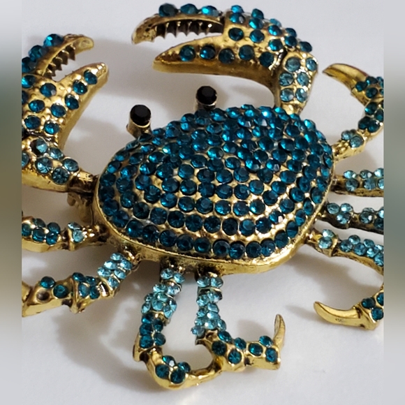 Blue Crab Brooch pin crystals stones gold vintage style AMAZING beach - Picture 5 of 8